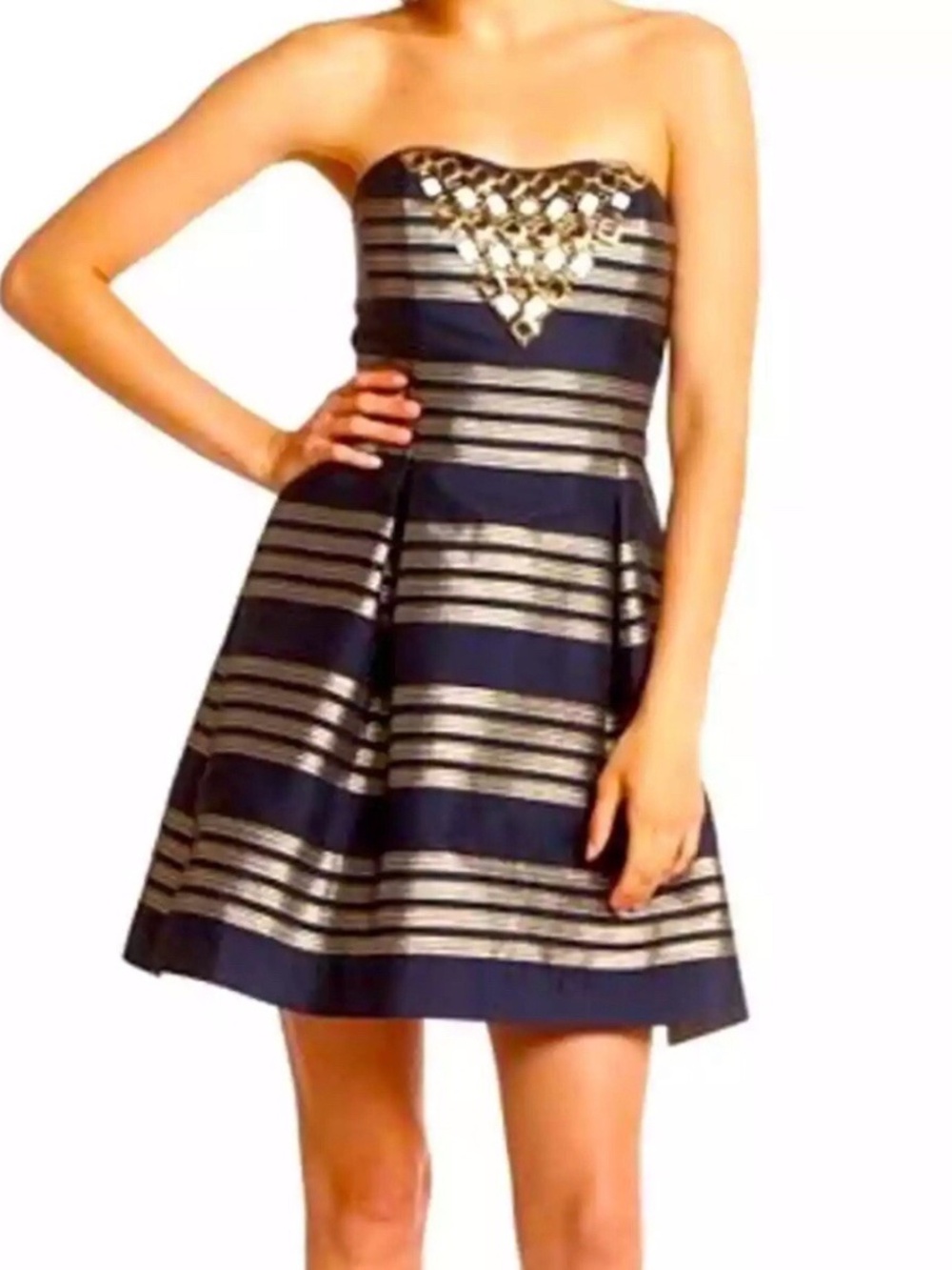 Lilly Pulitzer Sami Ryan Navy Gold Striped Embellished Strapless Dress - size 10